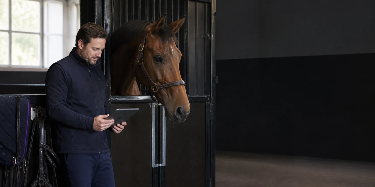 A stable manager checking a horse’s plan on a tablet